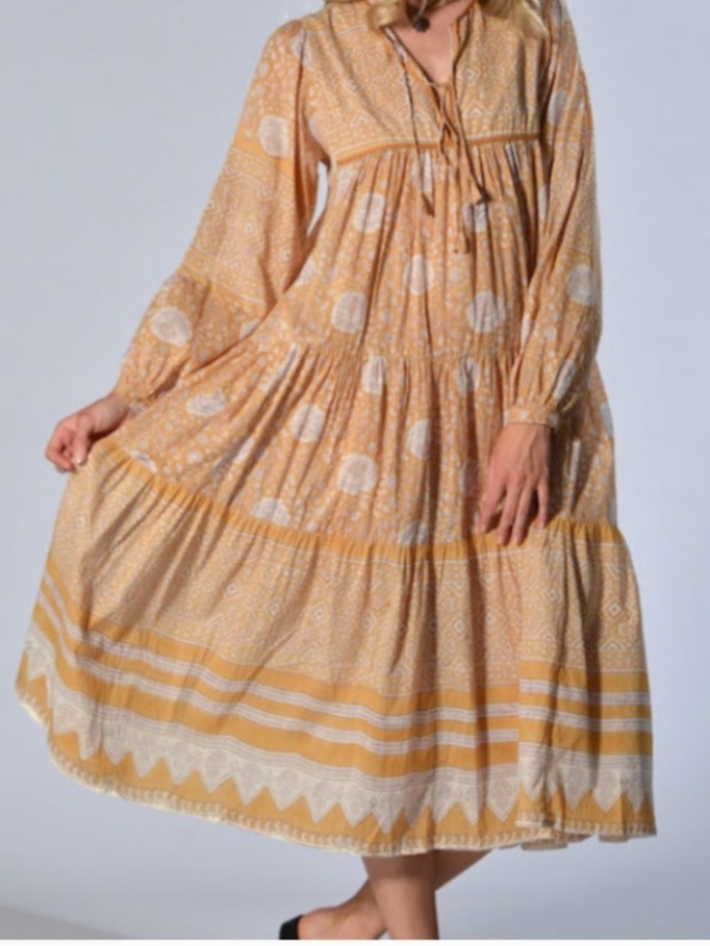 Matta Yellow and White Boho Tiered Long Sleeve Dress - Small